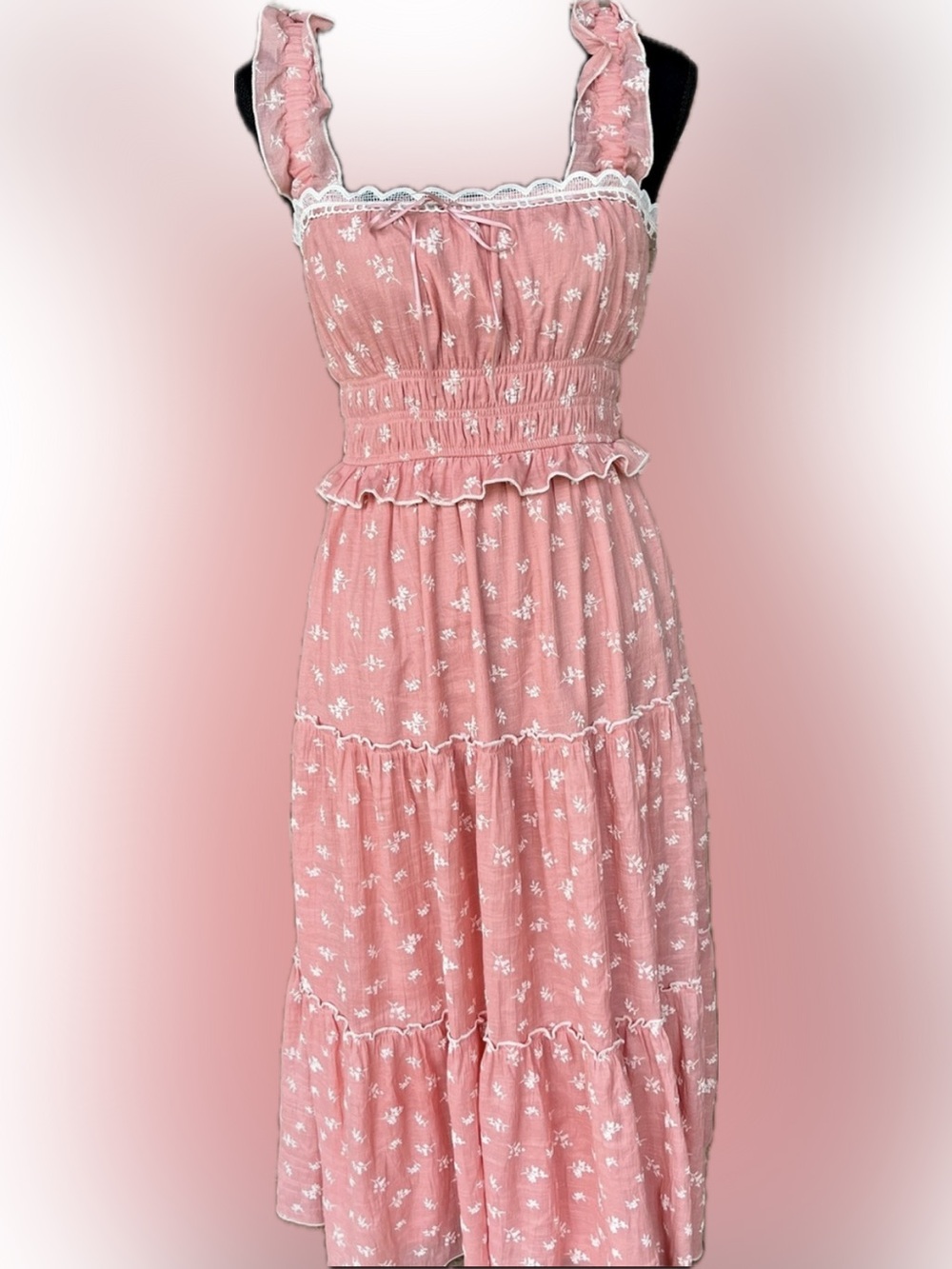 Trixxi Pink Floral Smocked Cottagecore Prairie Midi Dress Small EUC